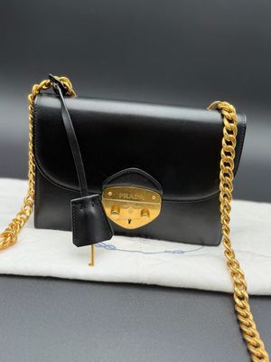 Prada Soft Calf Nero Flap Gold Chain Sling Messenger Crossbody 