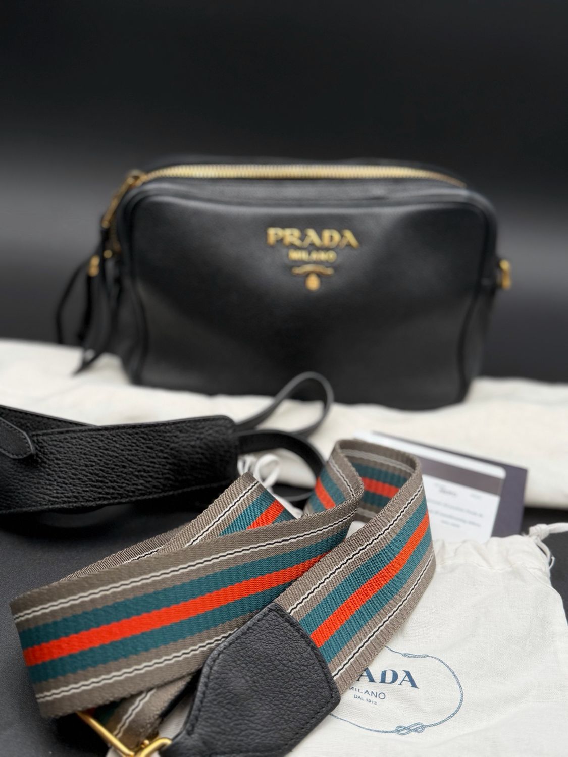 Prada Vitello Daino Camera Bag Black Nero Double Zipper Crossbody Messenger