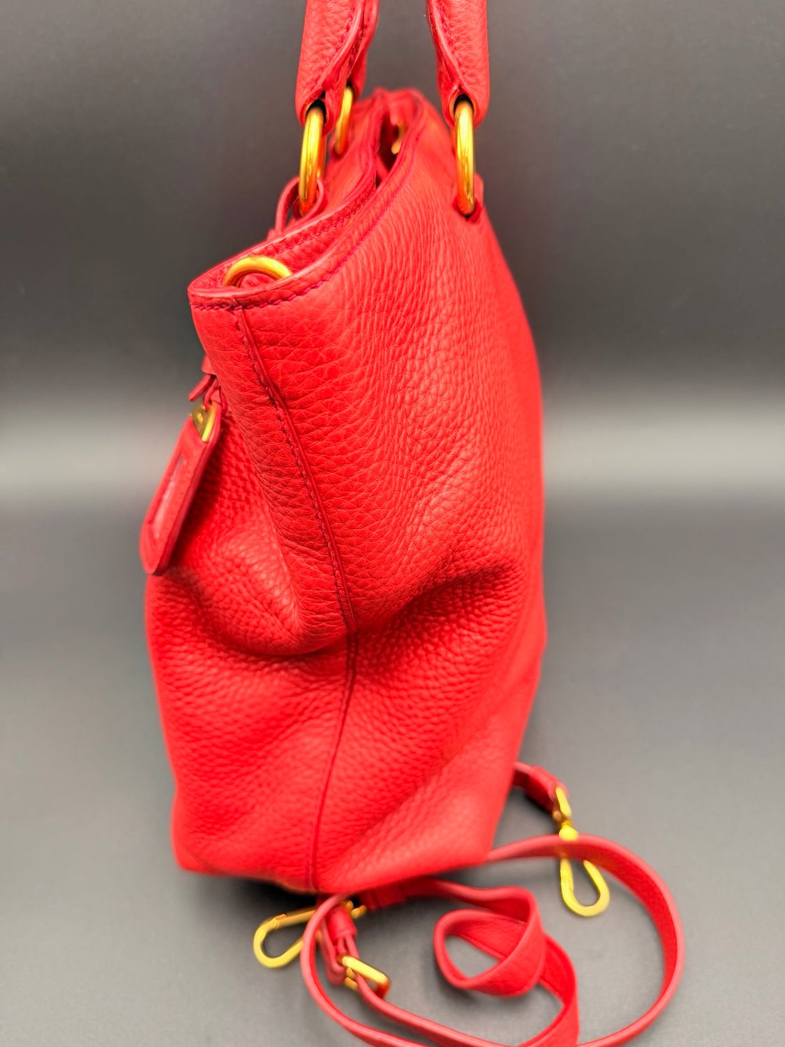 Prada Vitello Daino Vertical Tote Large Sling Messenger Red