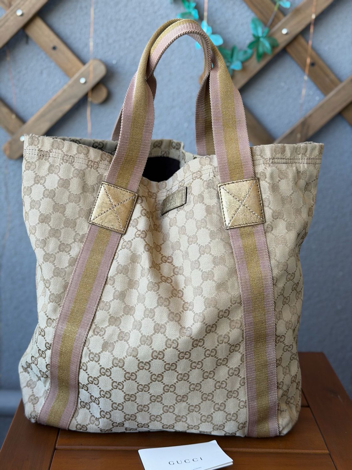 Gucci Monogram Canvas Web Tote Shoulder Bag