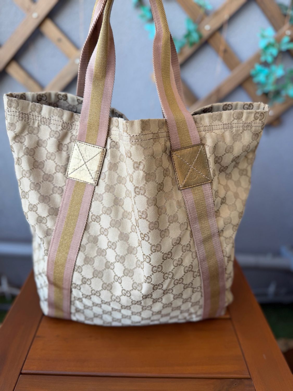 Gucci Monogram Canvas Web Tote Shoulder Bag