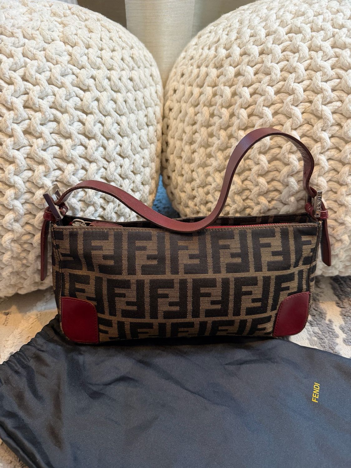 Fendi Zucca Pochette Shoulder Hobo Canvas Leather Trim