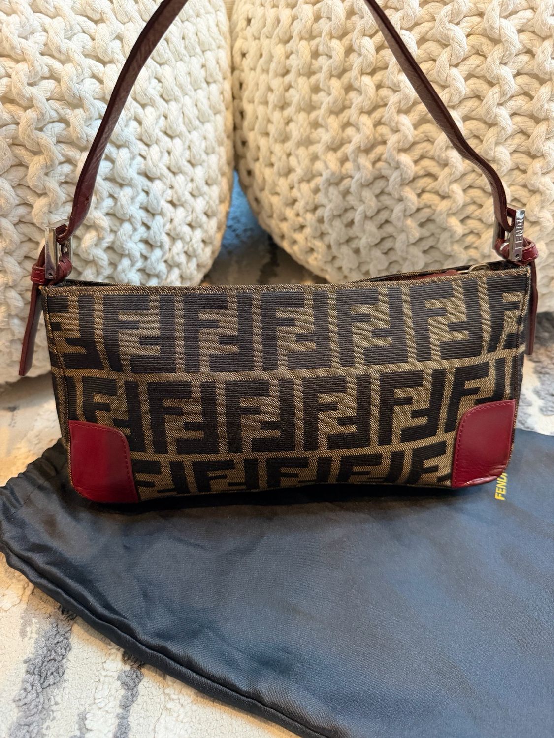Fendi Zucca Pochette Shoulder Hobo Canvas Leather Trim