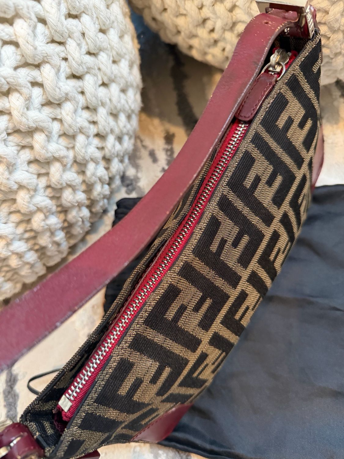 Fendi Zucca Pochette Shoulder Hobo Canvas Leather Trim