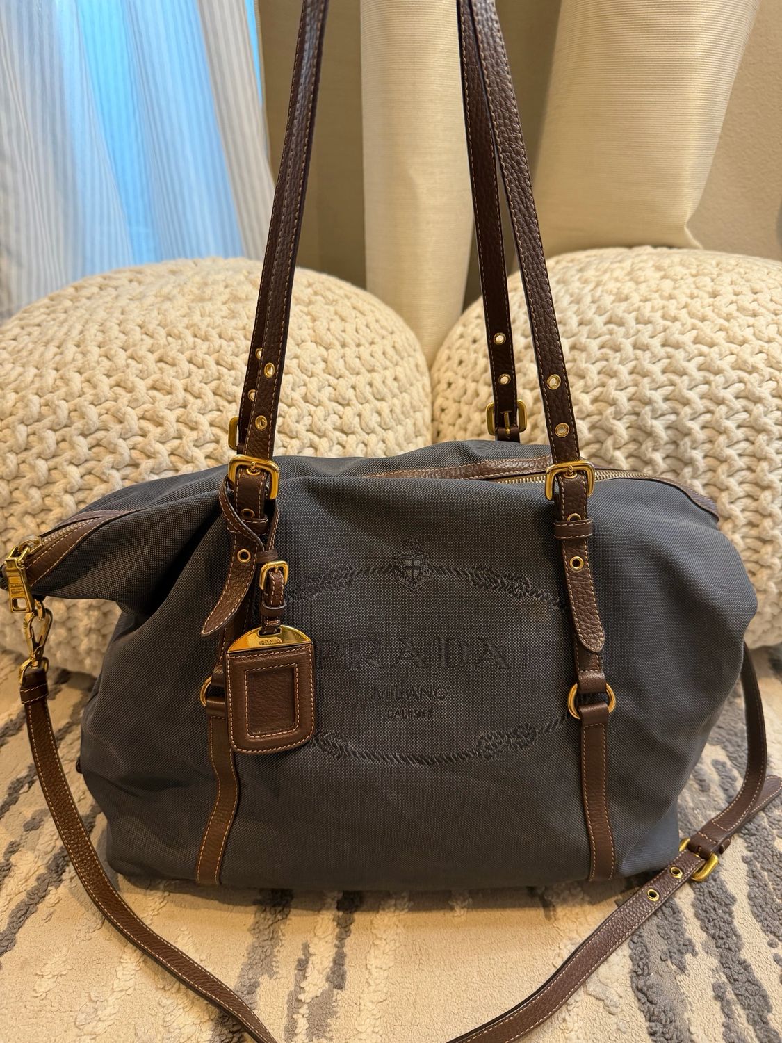 Prada Jacquard Denim Shopper Zipper Tote Messenger Crossbody