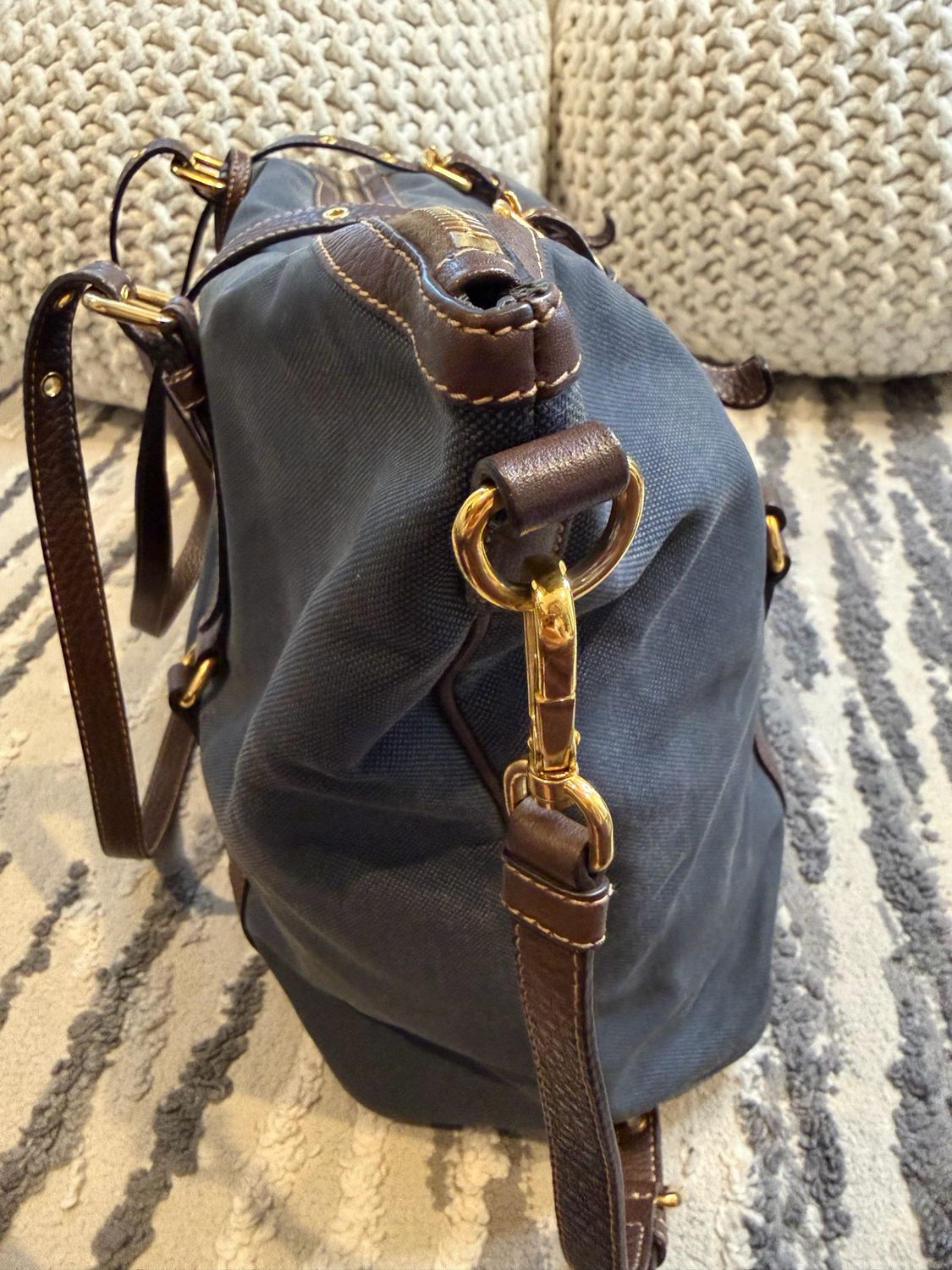 Prada Jacquard Denim Shopper Zipper Tote Messenger Crossbody