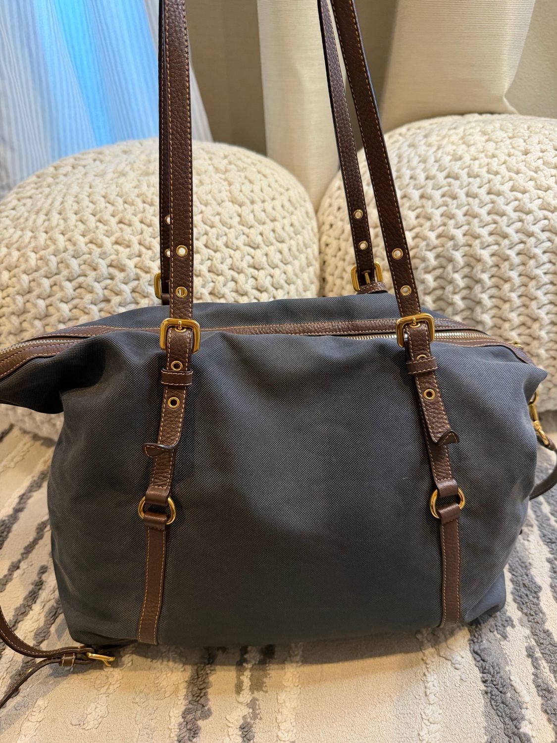 Prada Jacquard Denim Shopper Zipper Tote Messenger Crossbody