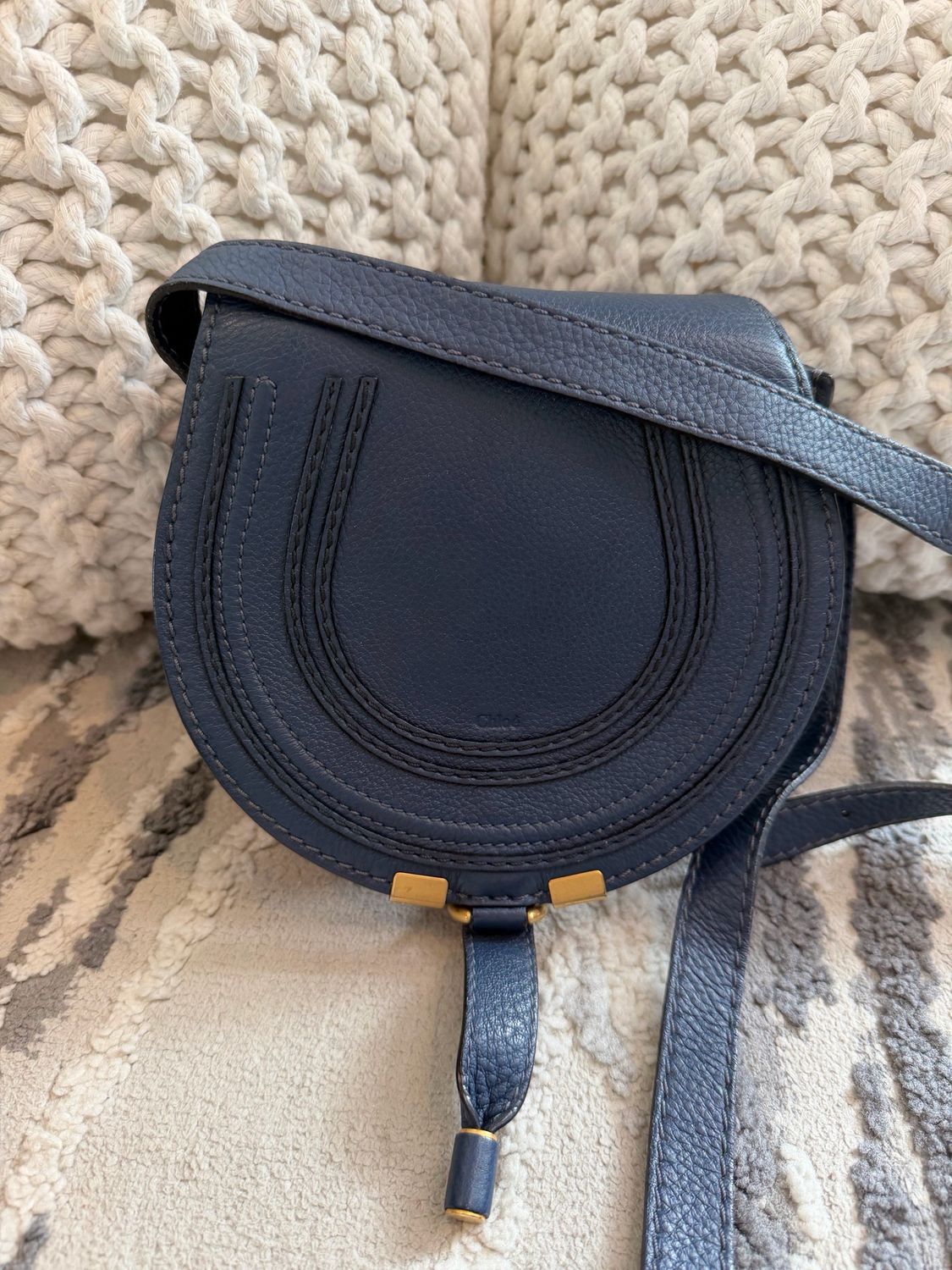 Chloe Pebbled Leather Mini Marcie Saddle Messenger Crossbody Navy Blue