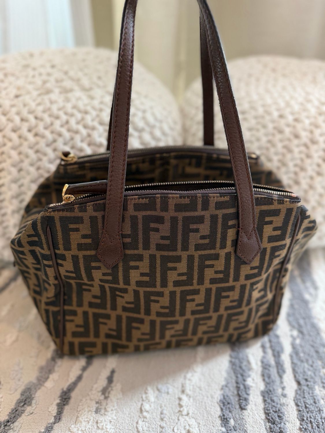 Fendi Zucca Tobacco Canvas Box Tote Shoulder Bag