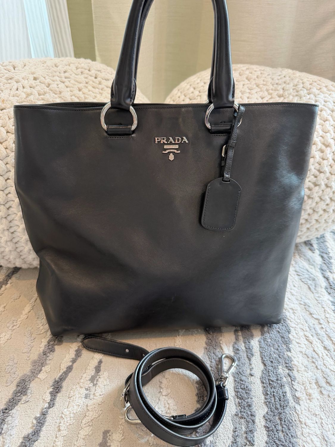 Prada Soft Calfskin Black Leather Tote Convertible Crossbody S/H