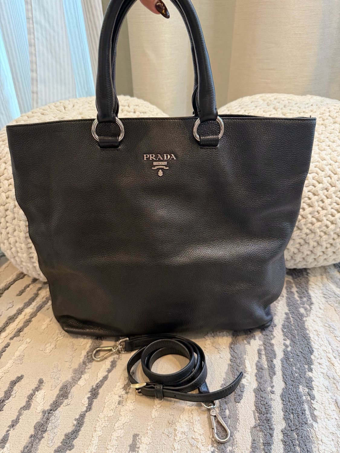 Prada Vitello Daino Pebbled Leather Convertible Tote Crossbody Vertical