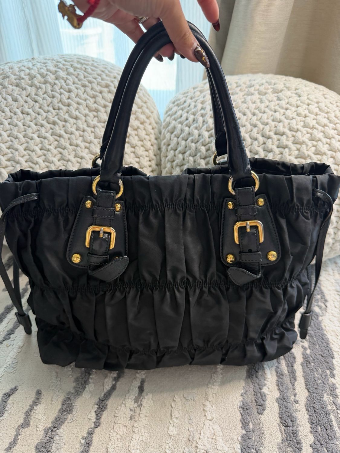 Prada Nylon Gaufre Tessuto Tote Shoulder Bag Black