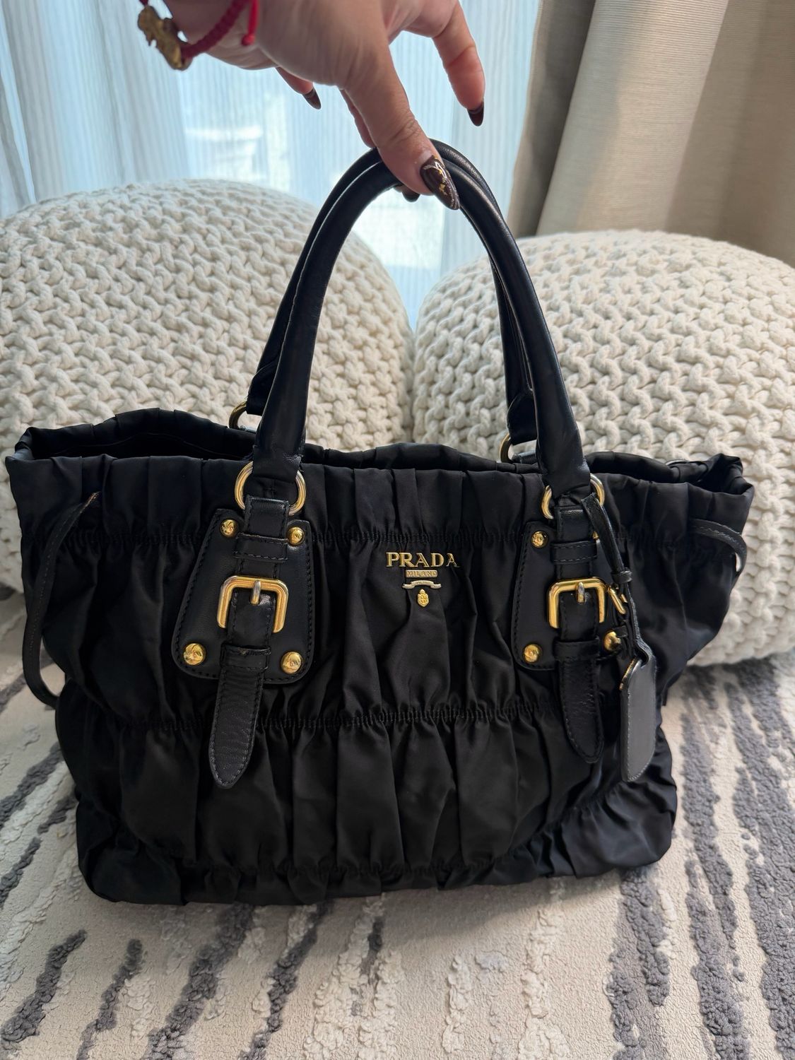 Prada Nylon Gaufre Tessuto Tote Shoulder Bag Black