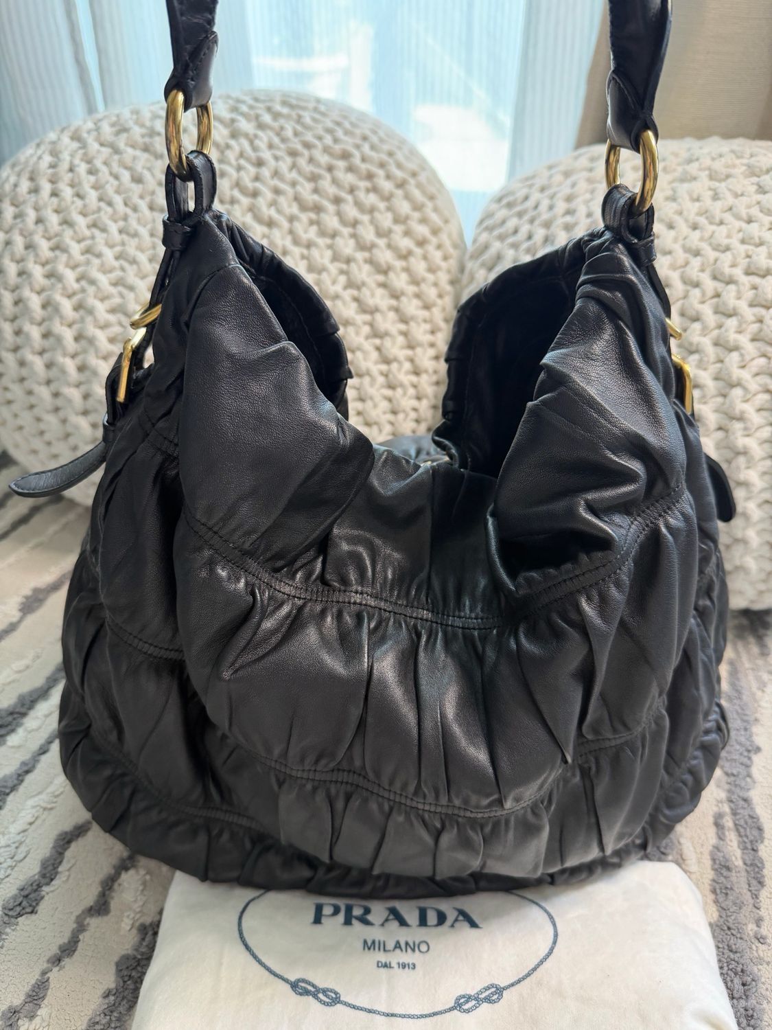 Prada Gaufre Nappa Leather Hobo Shoulder Sling Crossbody