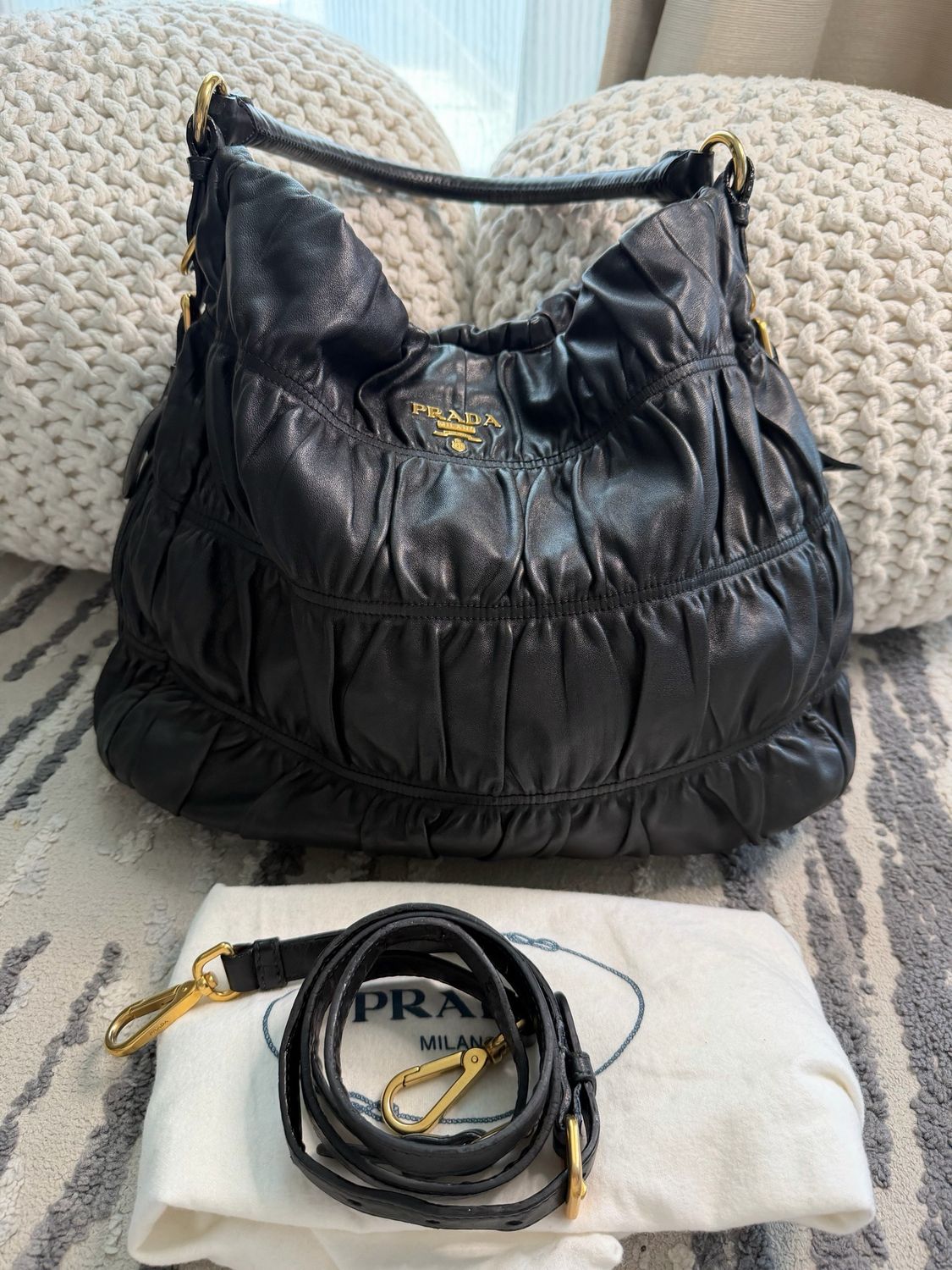 Prada Gaufre Nappa Leather Hobo Shoulder Sling Crossbody