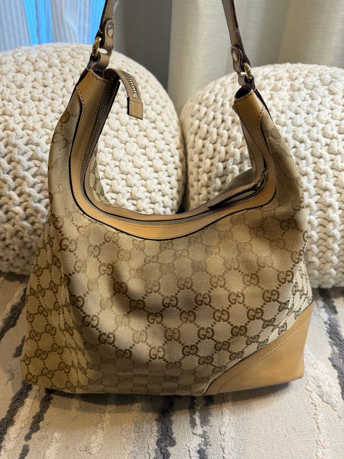 Gucci Monogram Canvas Hobo Horsebit Web Shoulder Bag