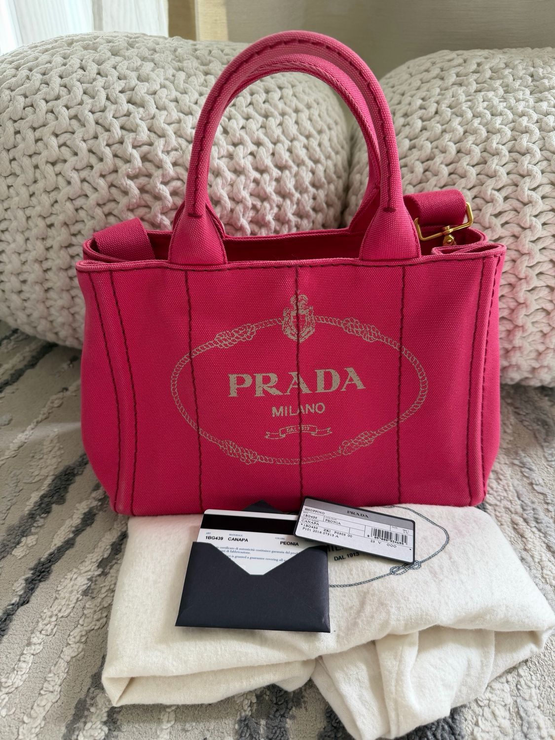 Prada Canapa Messenger Tote Sling Crossbody Small Peonia 