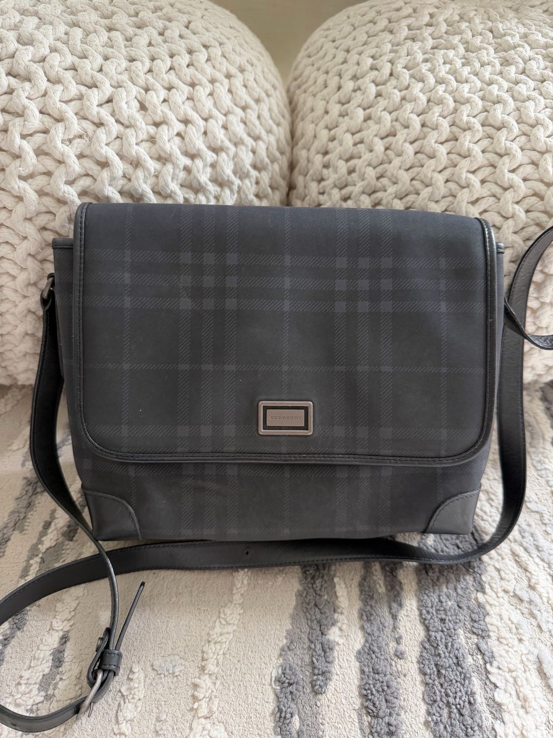 Burberry Navy Blue Check Messenger Crossbody Flap