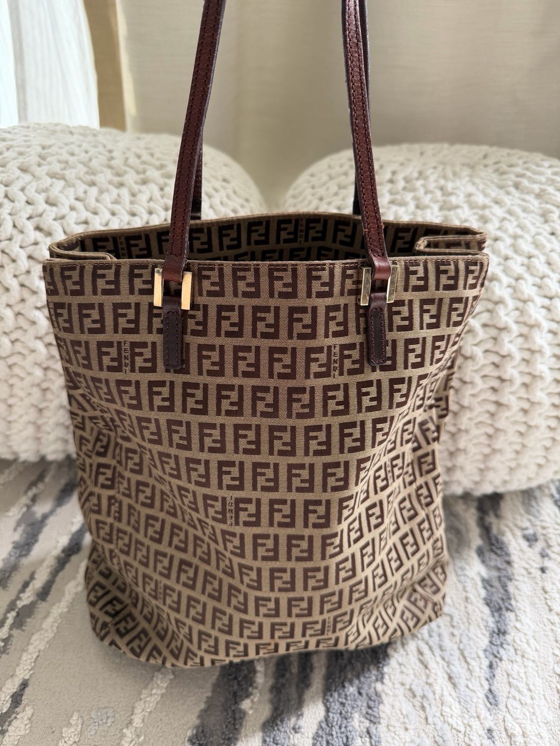 Fendi Zucchino Canvas Vertical Tote Logo Shoulder Bag