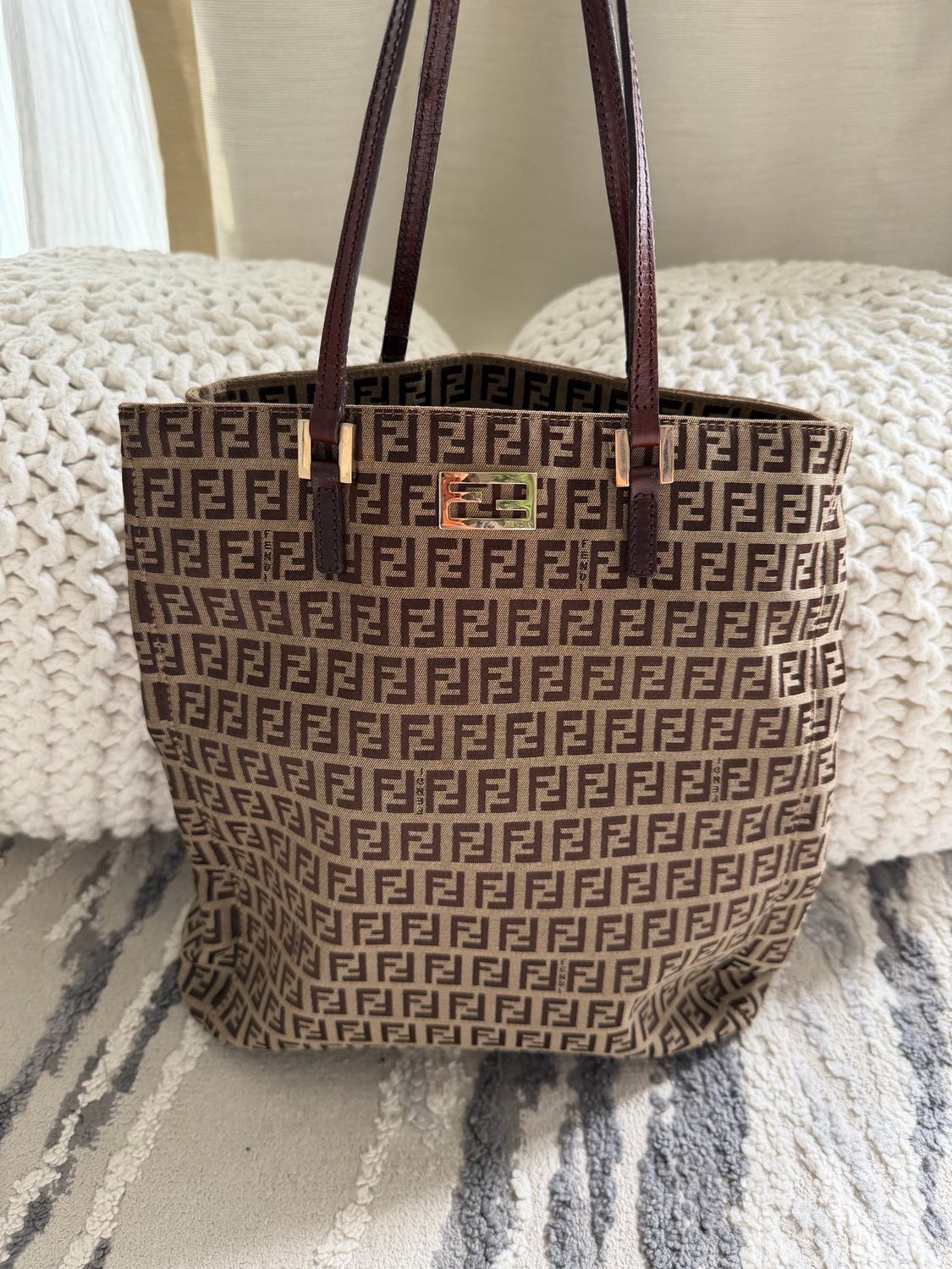 Fendi Zucchino Canvas Vertical Tote Logo Shoulder Bag