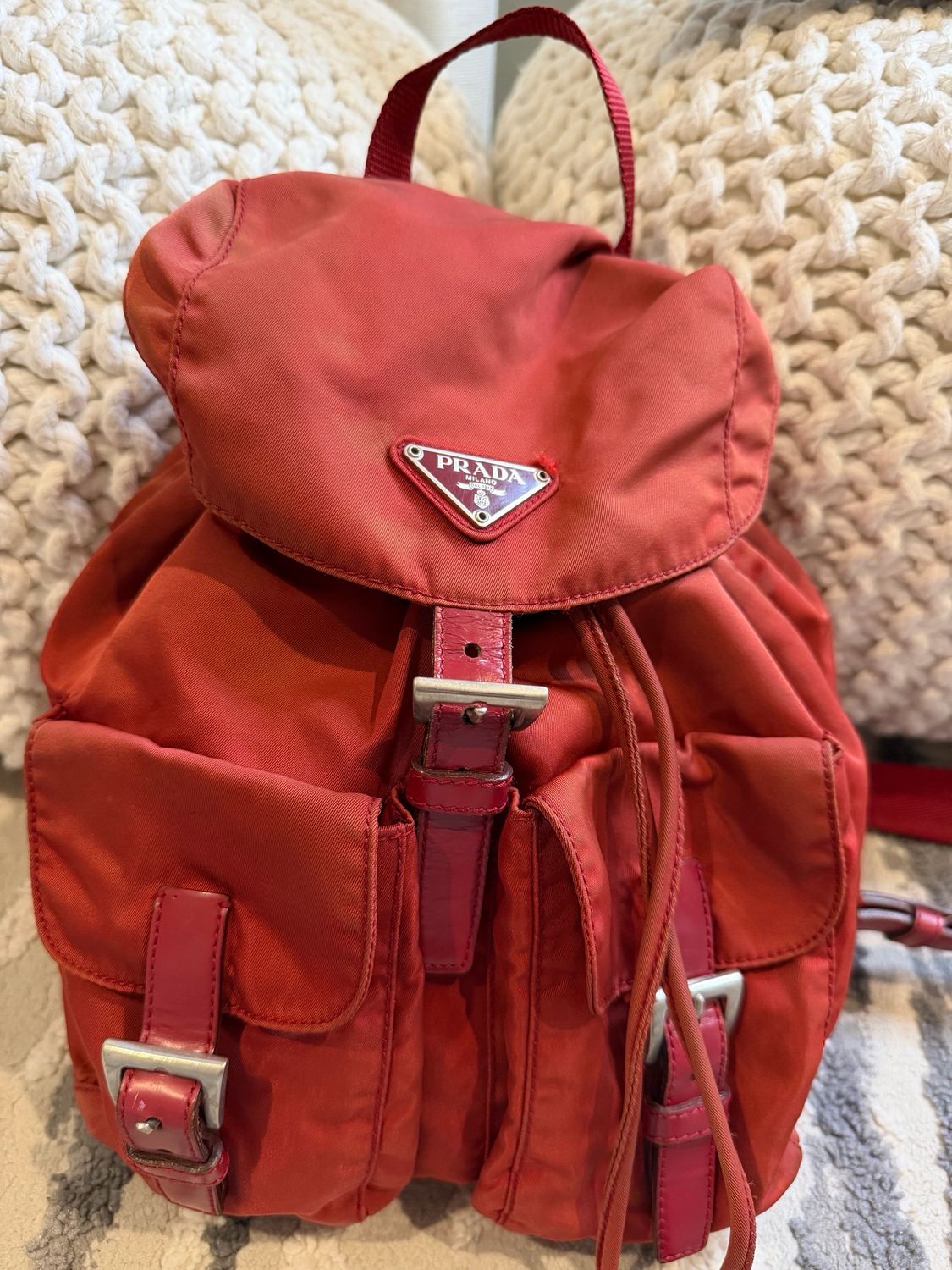 Prada Nylon Tessuto Small Backpack Red Double Pocket