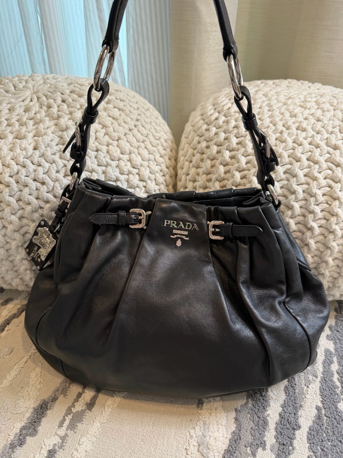 Prada Soft Calf Pleated Buckle Hobo Nero Shoulder Bag