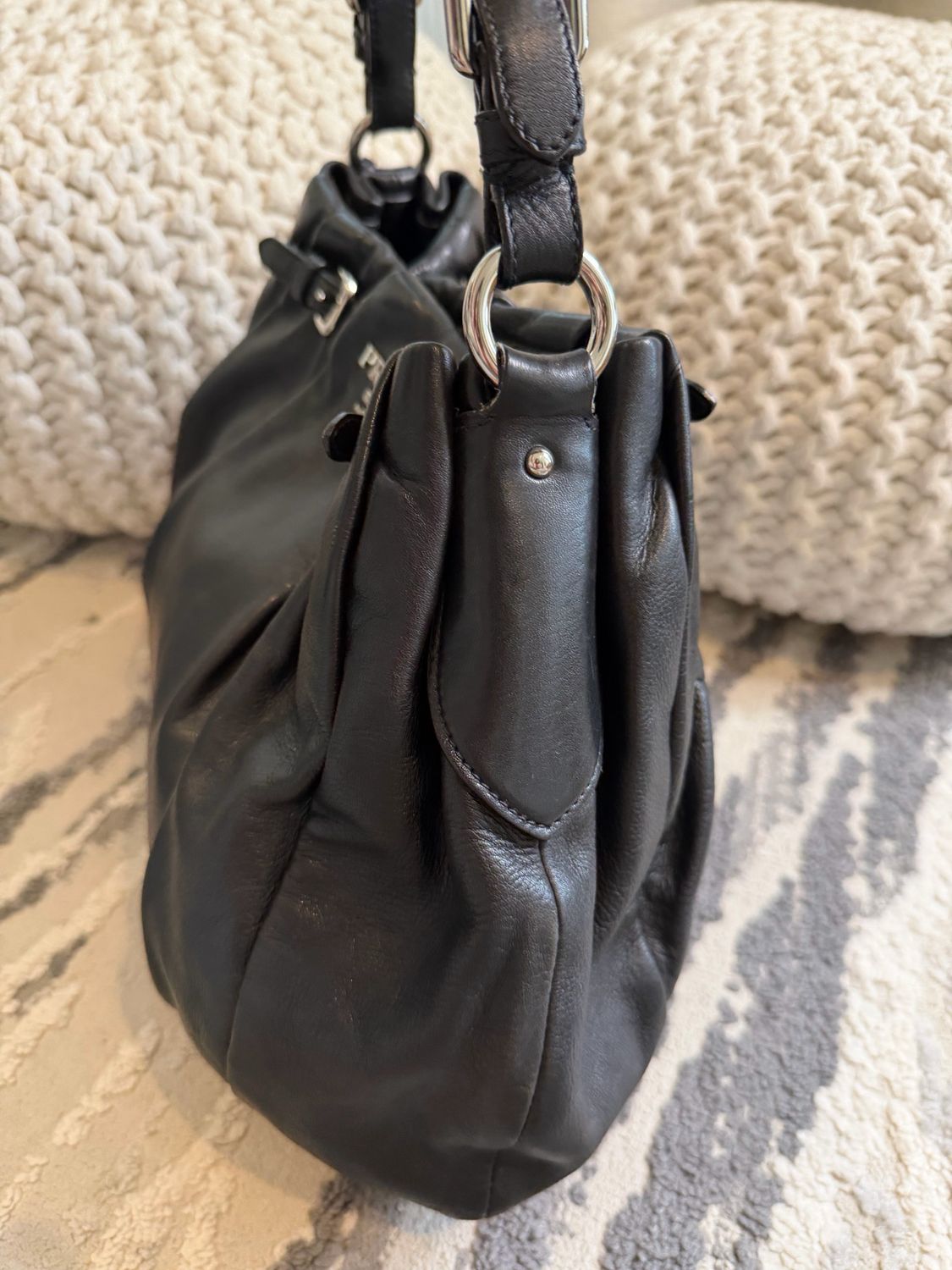 Prada Soft Calf Pleated Buckle Hobo Nero Shoulder Bag
