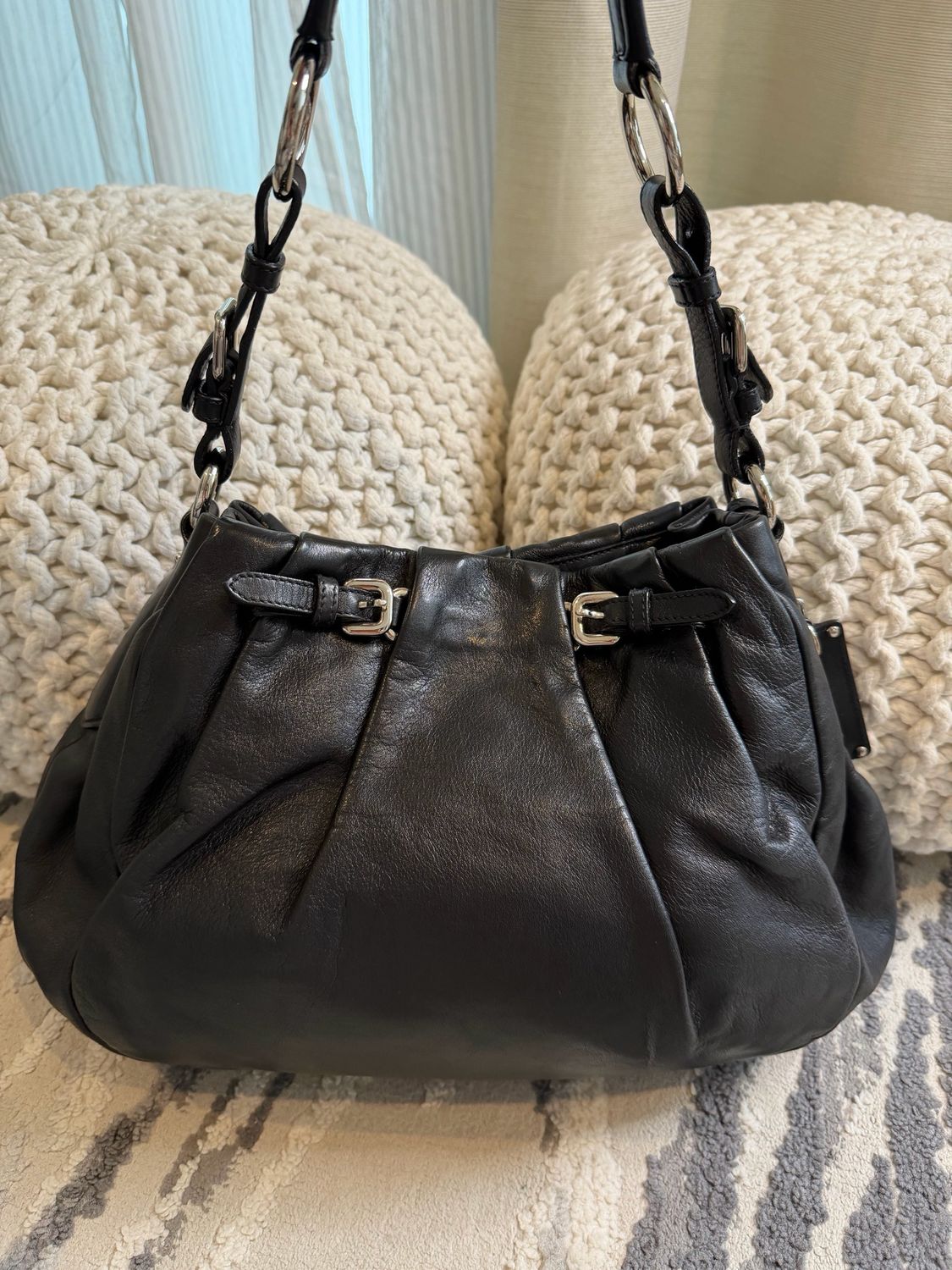 Prada Soft Calf Pleated Buckle Hobo Nero Shoulder Bag