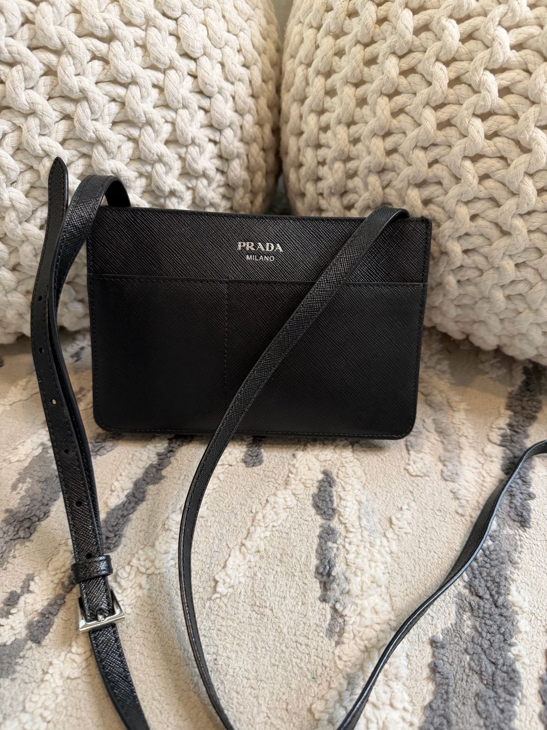Prada Saffiano Leather Crossbody Messenger Sling Front Pocket