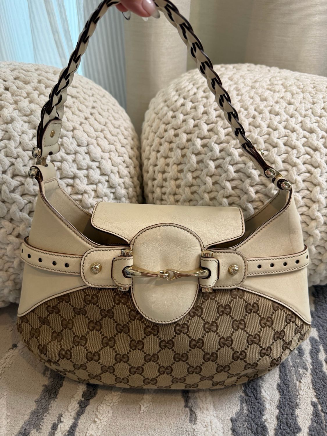 Gucci Monogram Canvas Horsebit Hobo Shoulder Braided Strap