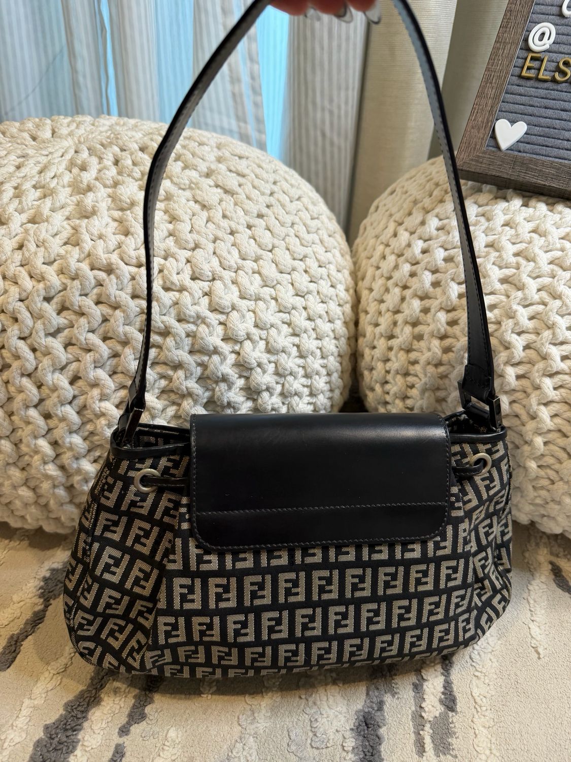 Fendi Zucca Baguette Flap Drawstring Hobo Shoulder Bag