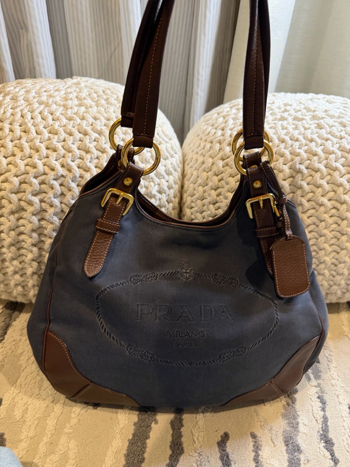 Prada Jacquard Denim Tote Shoulder Bag