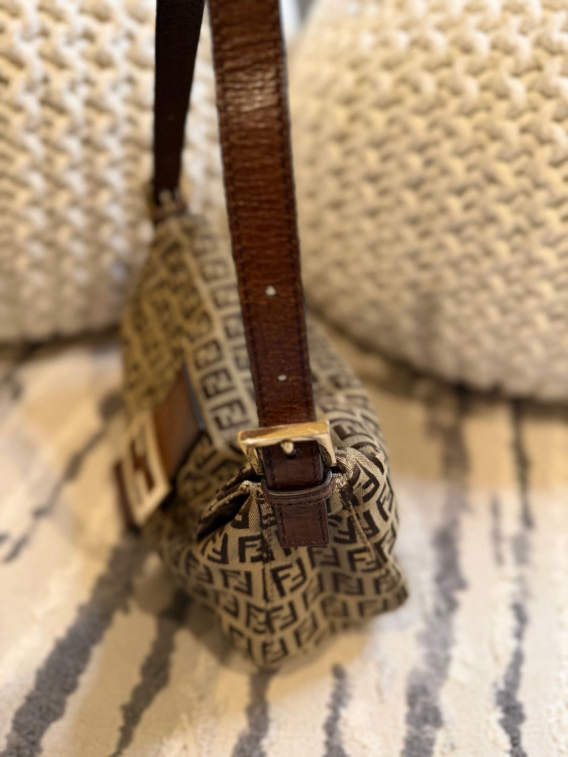 Fendi Zucca Baguette Double Flap Hobo Shoulder Tobacco