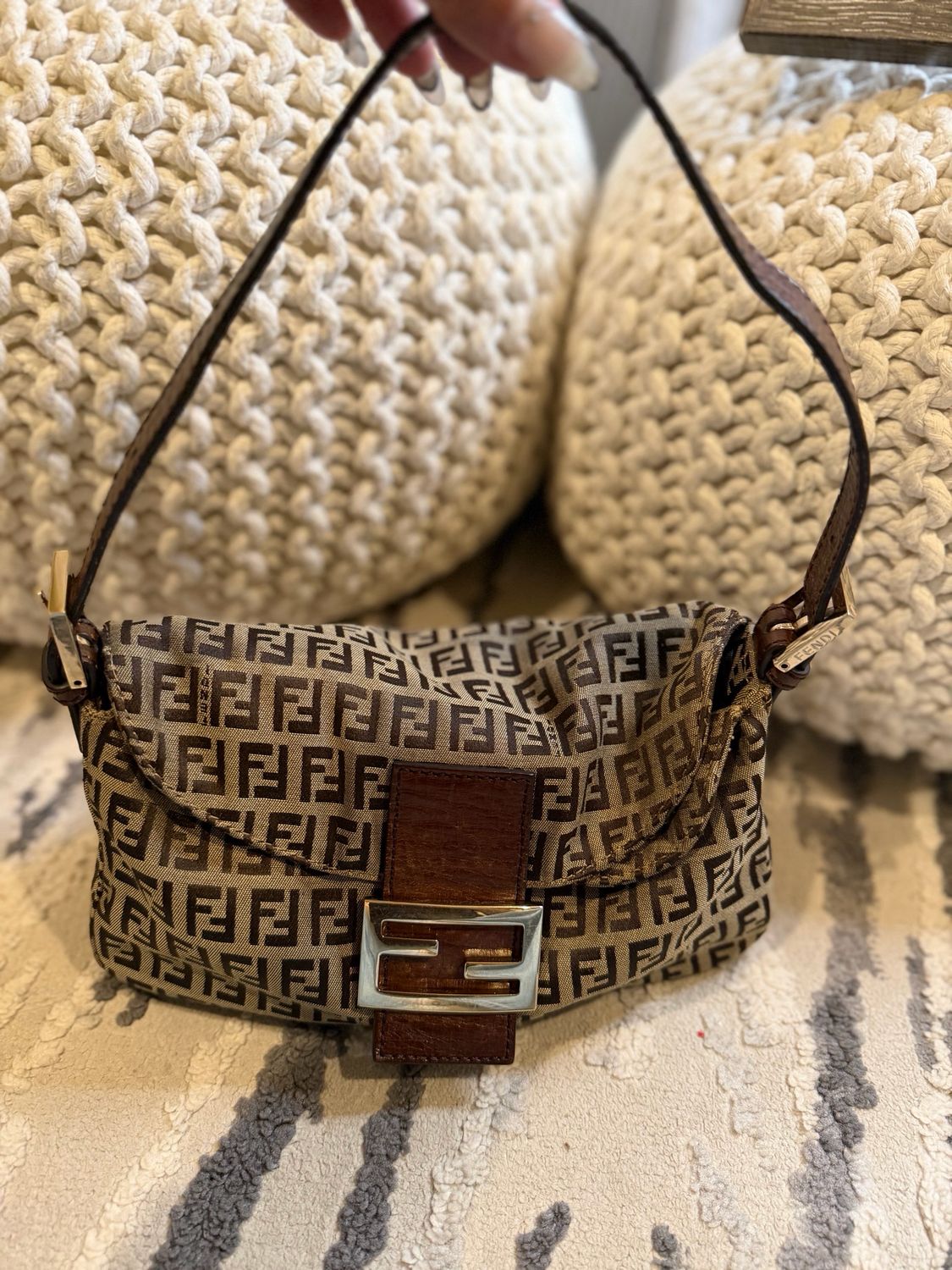 Fendi Zucca Baguette Double Flap Hobo Shoulder Tobacco