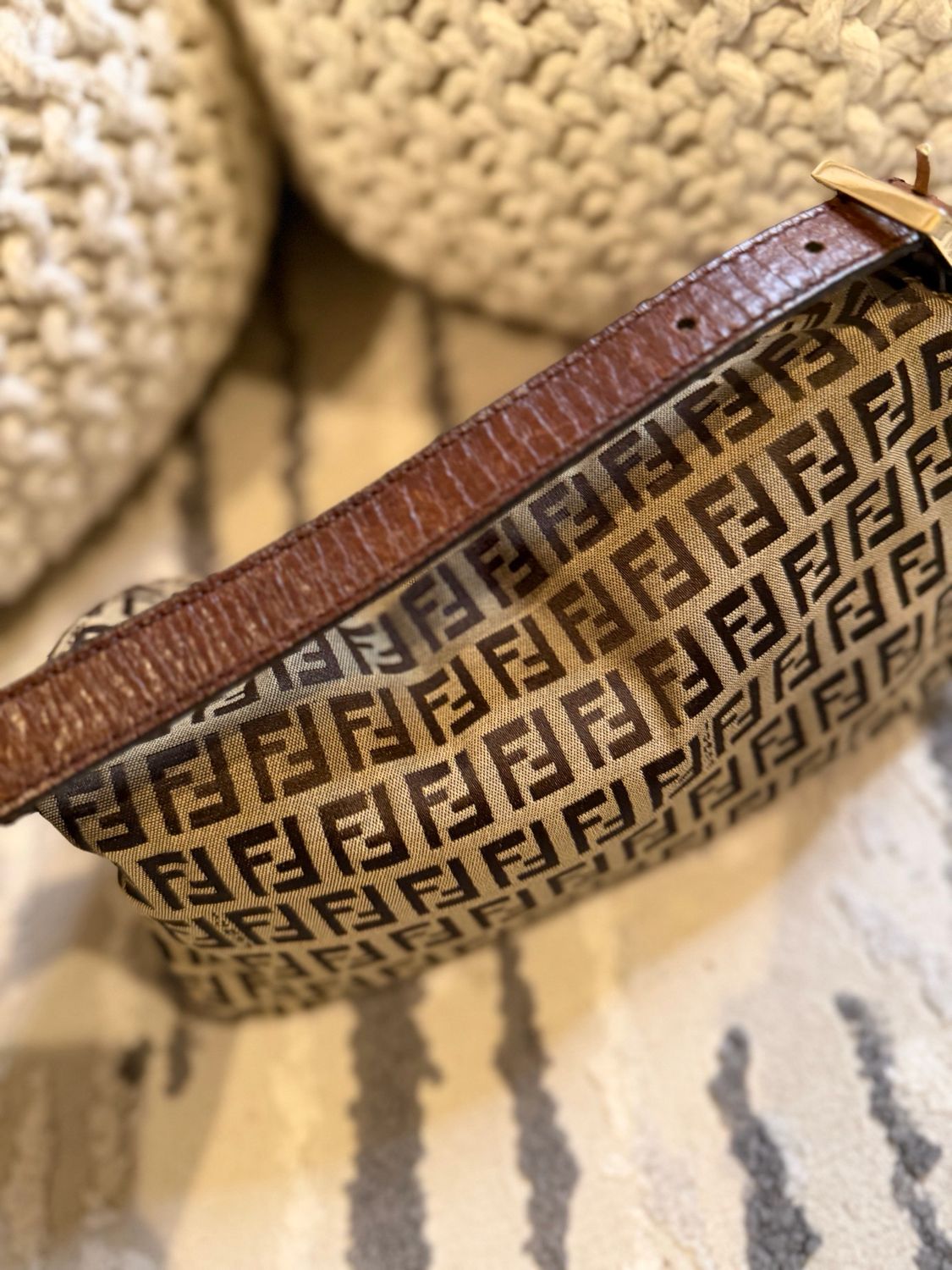 Fendi Zucca Baguette Double Flap Hobo Shoulder Tobacco