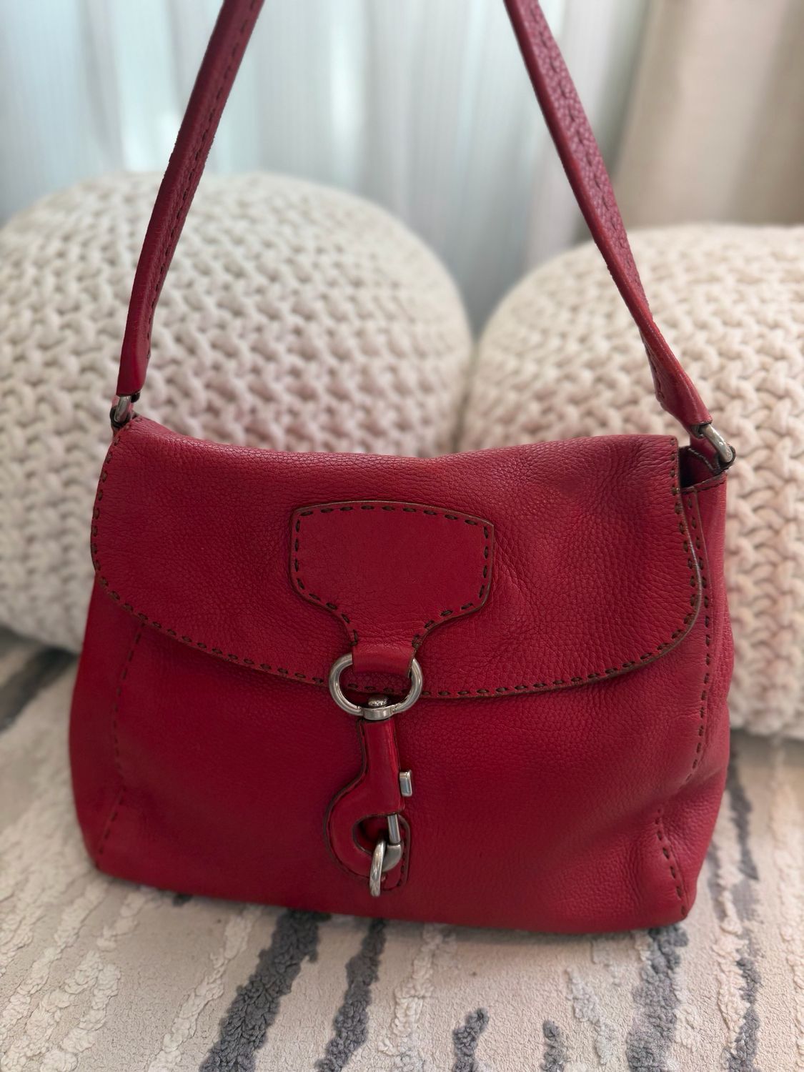 Prada Pebbled Leather Hobo Red Shoulder Bag