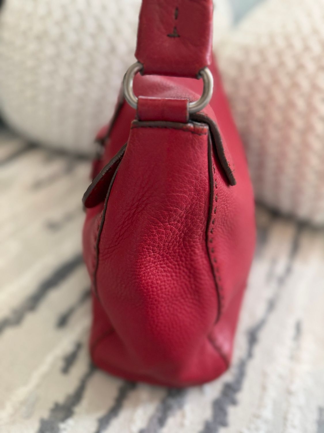Prada Pebbled Leather Hobo Red Shoulder Bag