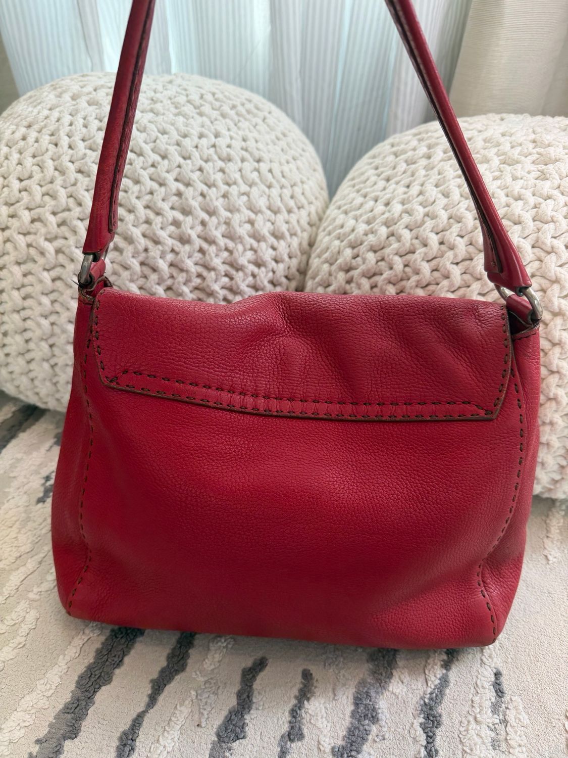 Prada Pebbled Leather Hobo Red Shoulder Bag