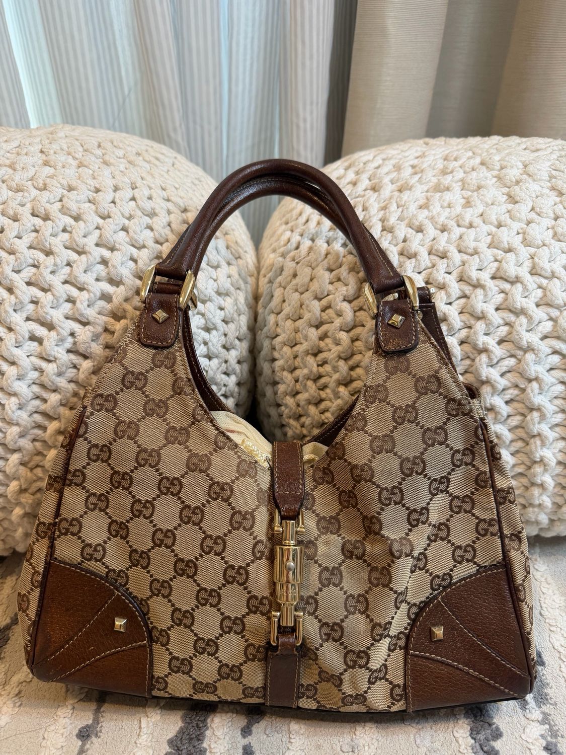 Gucci Monogram Canvas Jackie Hobo Piston Lock