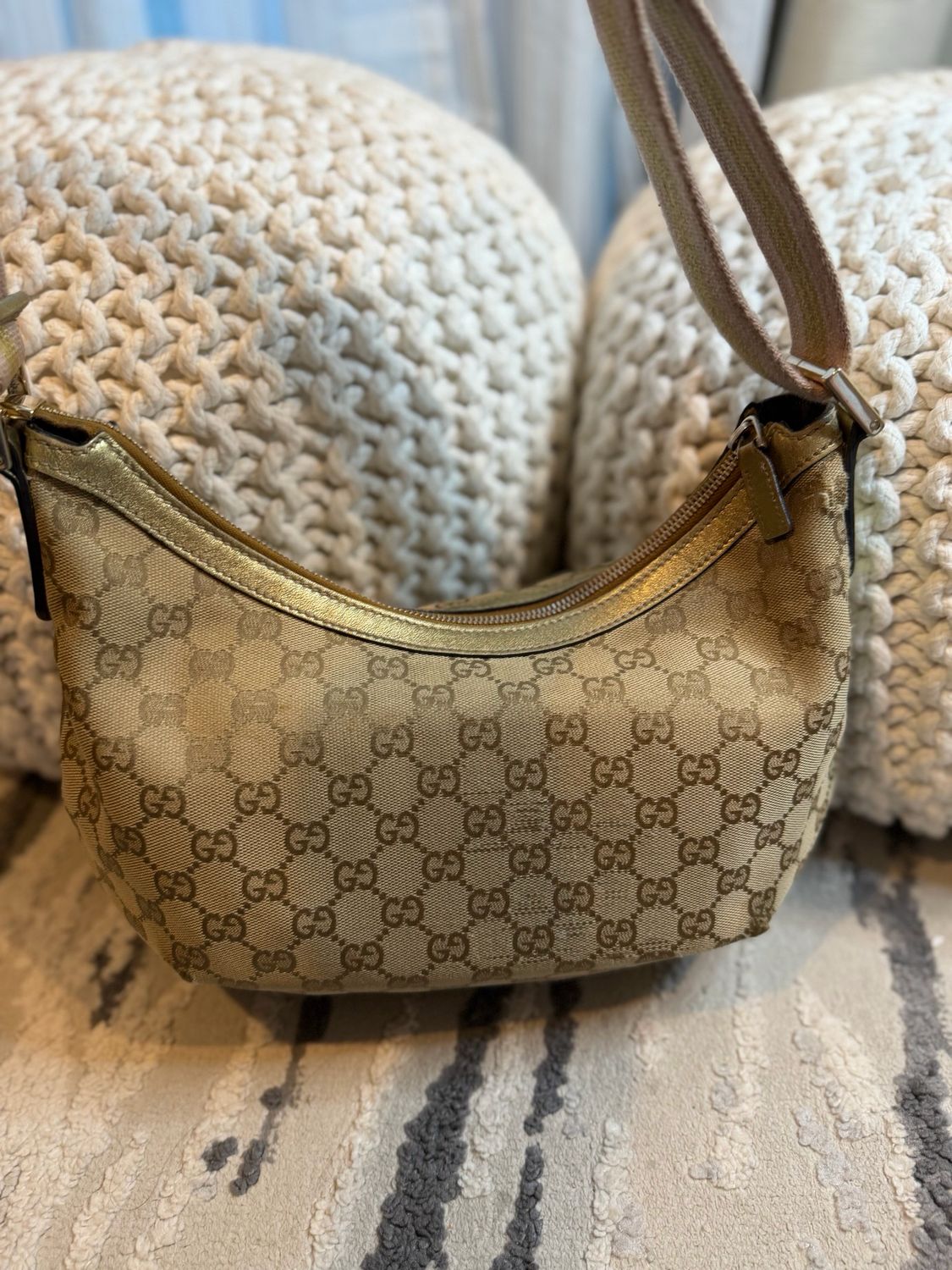 Gucci Monogram Canvas Web Strap Sling Half Moon Crossbody