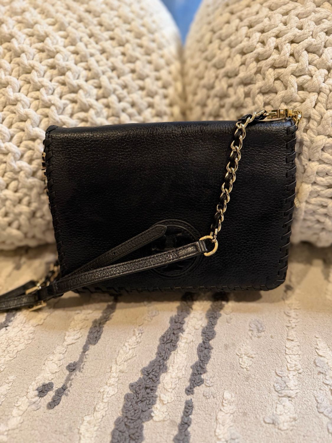 Tory Burch Black Leather Messenger Crossbody Sling Flap