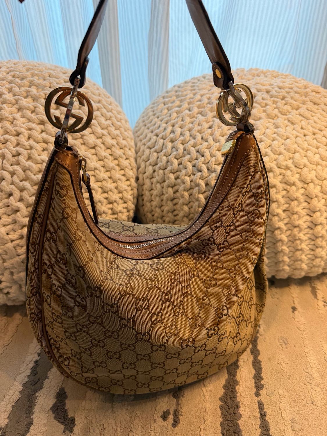 Gucci Monogram Hobo Twins Tote Shoulder Rose Gold