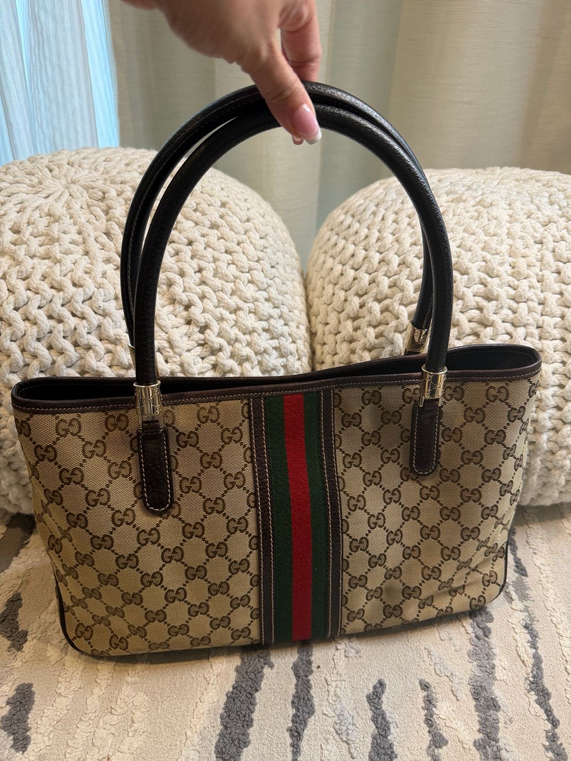 Gucci Monogram Canvas Web Strap Tote Shoulder Bag