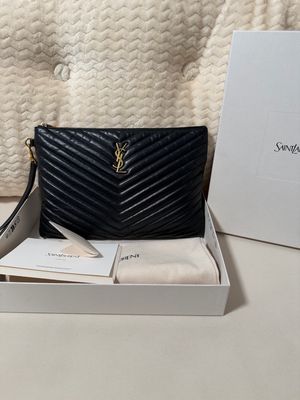 Yves Saint Laurent Monogram Chevron Quilted Pouch Clutch Black