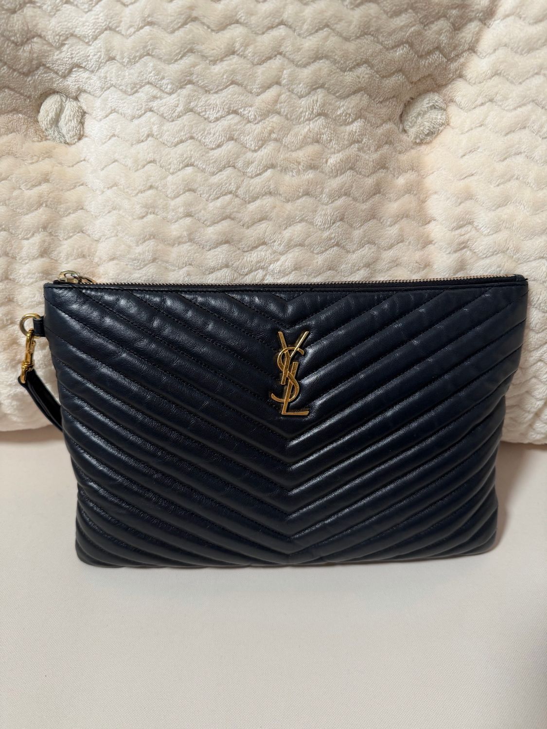 Yves Saint Laurent Monogram Chevron Quilted Pouch Clutch Black