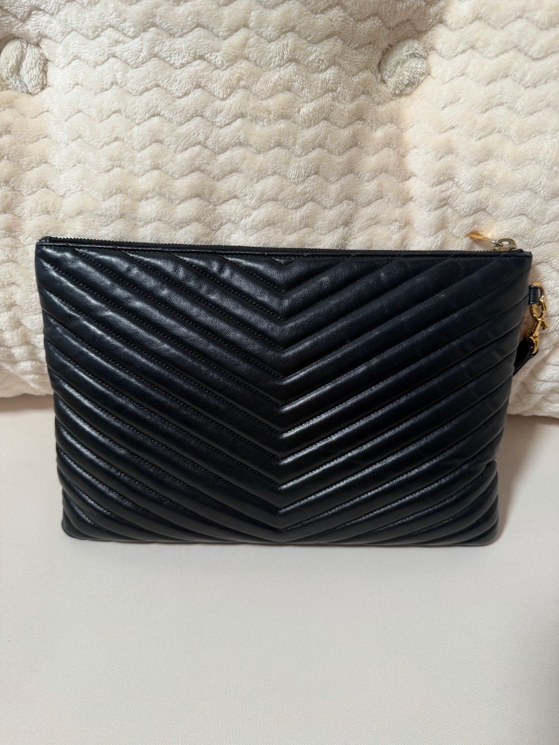 Yves Saint Laurent Monogram Chevron Quilted Pouch Clutch Black