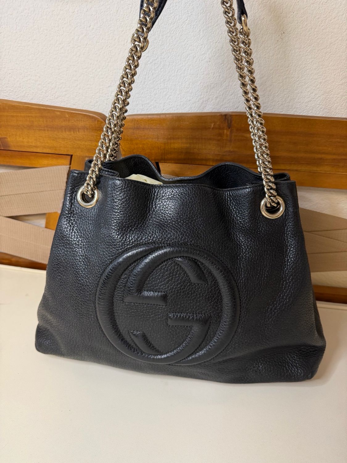 Gucci Pebbled Leather Tote Chain Strap