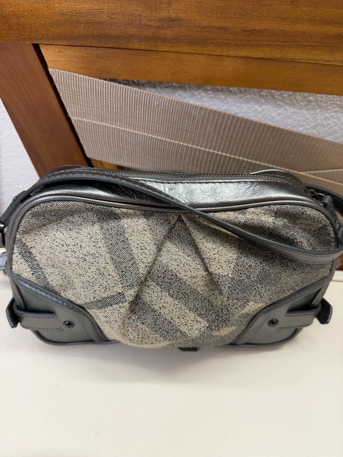 Burberry Shimmer Check Leather Trimmed Camera Bag Crossbody