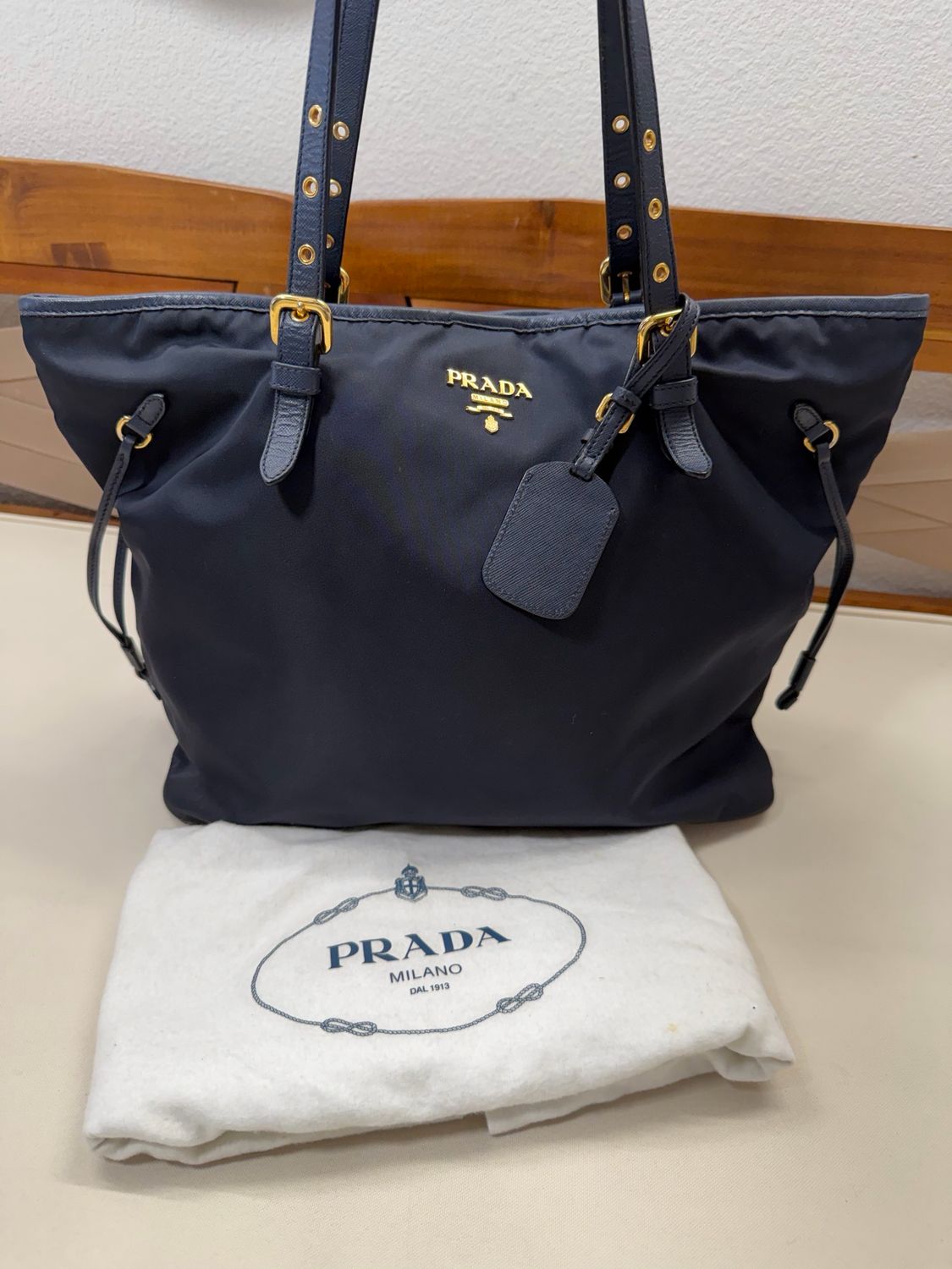 Prada Nylon Tessuto Saffiano Tote Belted Shoulder Bag in Navy Blue