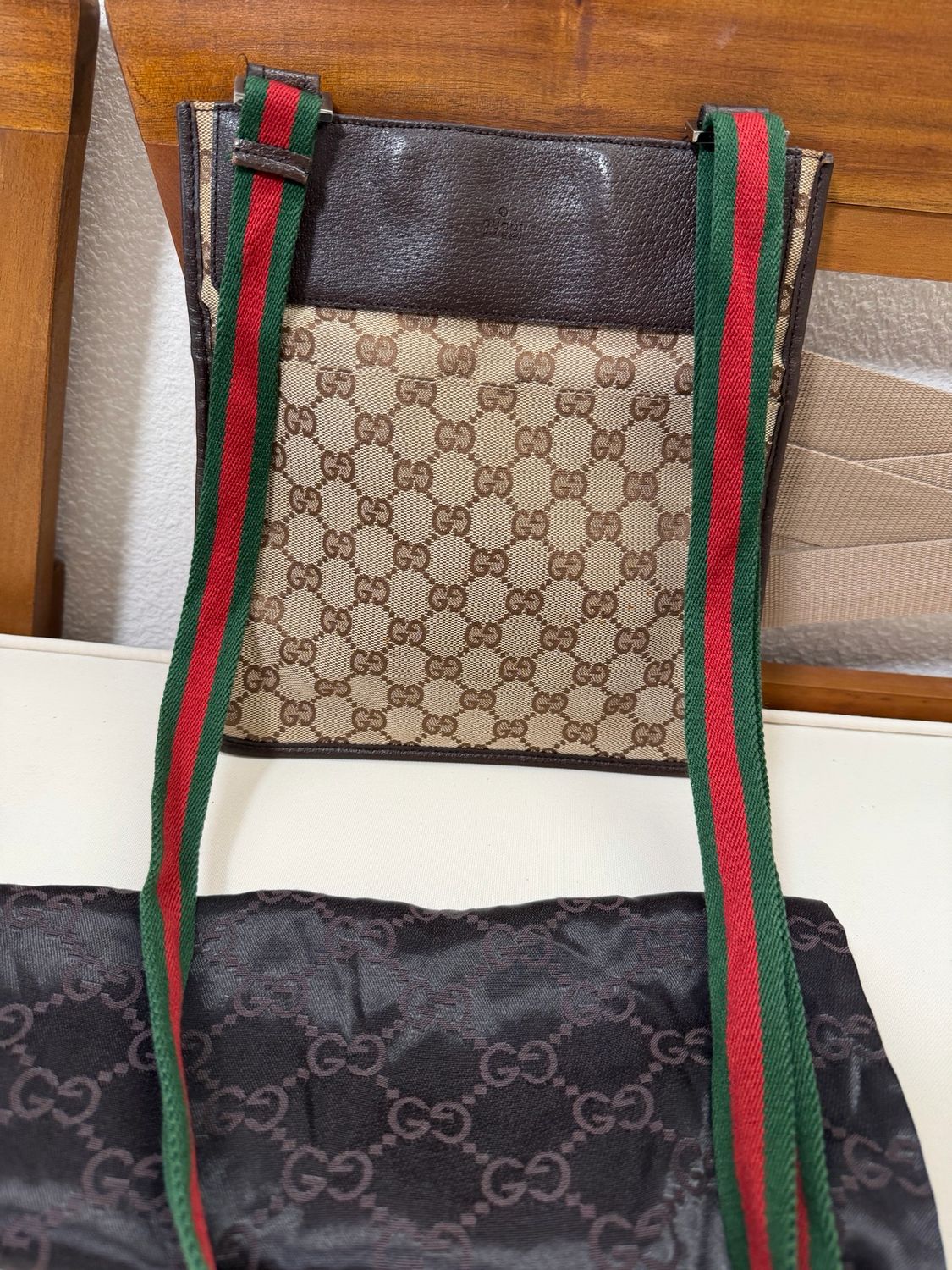 Gucci Monogram Canvas Flat Messenger Sling Crossbody Web Strap
